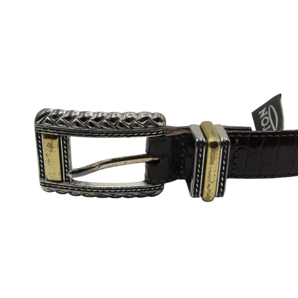 Brighton Brown Croc Grain Leather Silver Gold Hinged Belt #44209 Size M - Picture 7 of 9